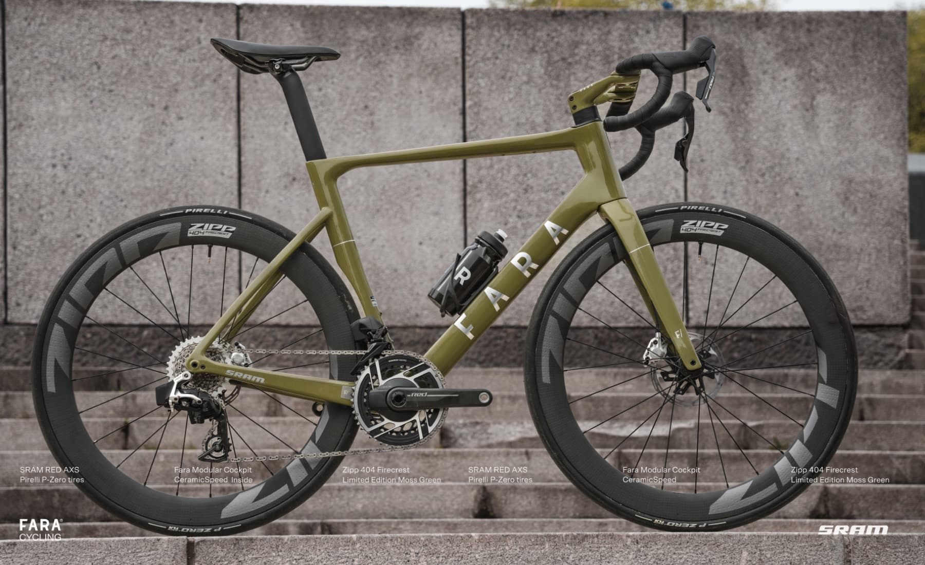 Moss-green Fara road bike with SRAM RED AXS groupset, side profile